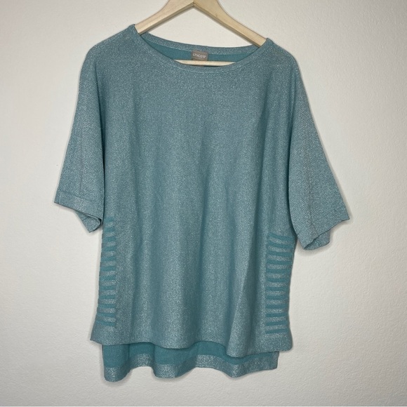 Chico’s Blue Metallic Silver Short Sleeve Knit Blouse - Picture 1 of 5